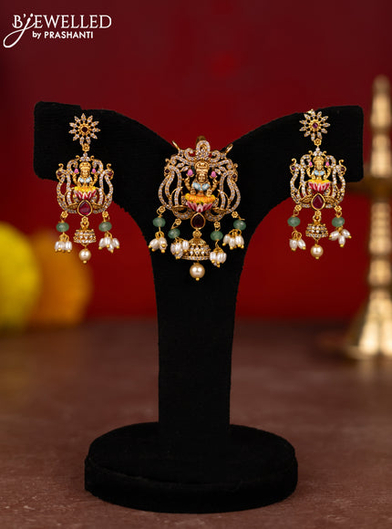 Antique lakshmi pendant set with cz,kemp stones and green & pearl beads hanging
