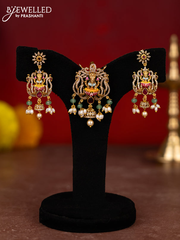 Antique lakshmi pendant set with cz,kemp stones and green & pearl beads hanging