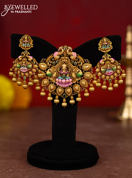 Antique lakshmi pendant set with cz,kemp stones and golden beads hanging