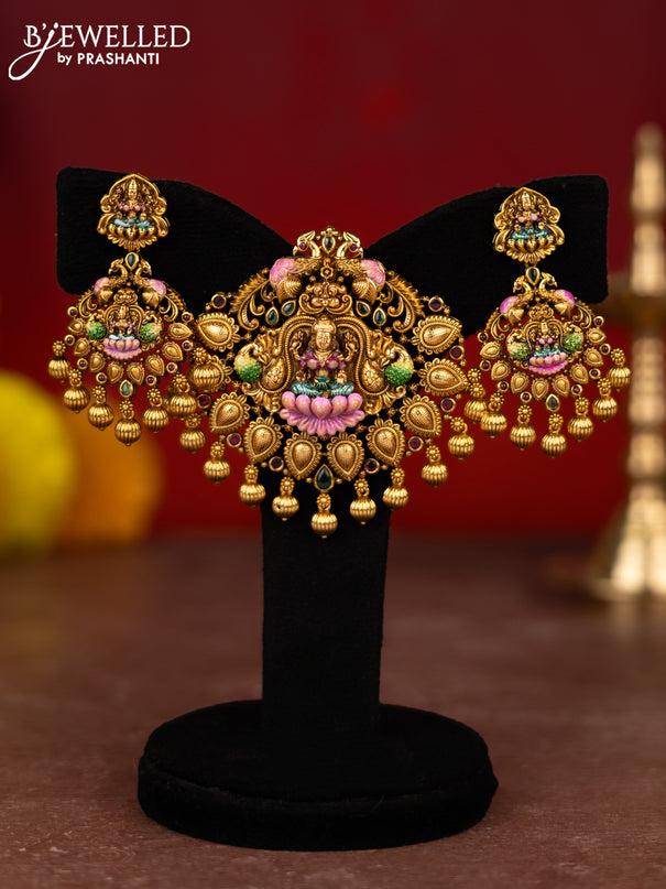 Antique lakshmi pendant set with cz,kemp stones and golden beads hanging