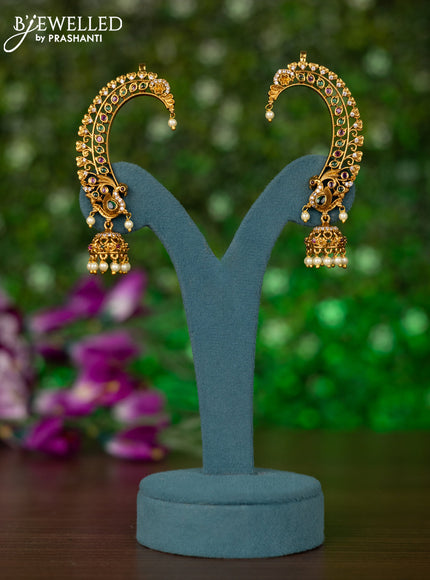 Antique earcuff jhumkas peacock design with kemp & cz stones and pearl hangings