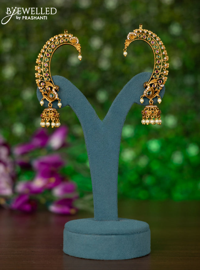 Antique earcuff jhumkas peacock design with kemp & cz stones and pearl hangings
