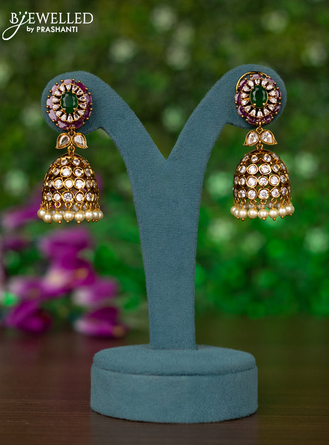 Antique jhumkas with kemp & cz stones and pearl hangings