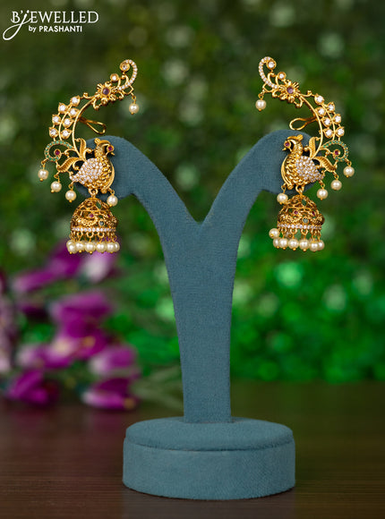 Antique earcuff jhumkas peacock design with kemp & cz stones and pearl hangings