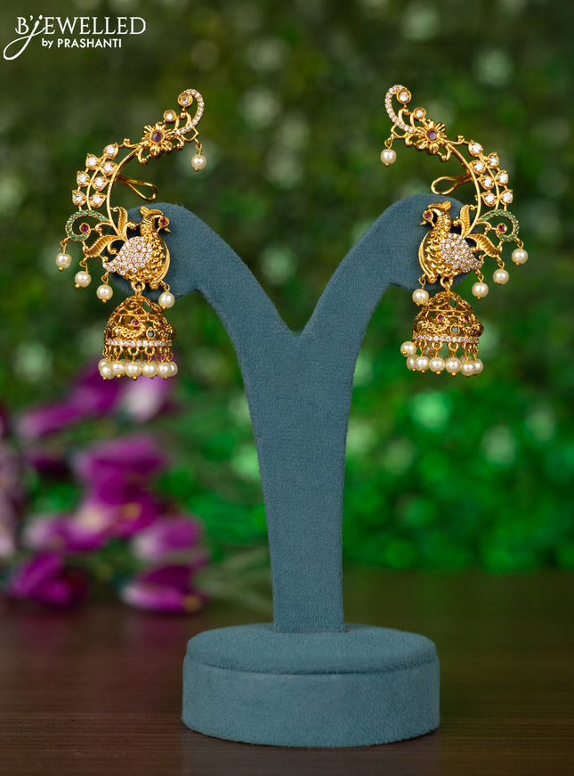 Antique earcuff jhumkas peacock design with kemp & cz stones and pearl hangings