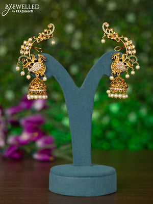 Antique earcuff jhumkas peacock design with kemp & cz stones and pearl hangings