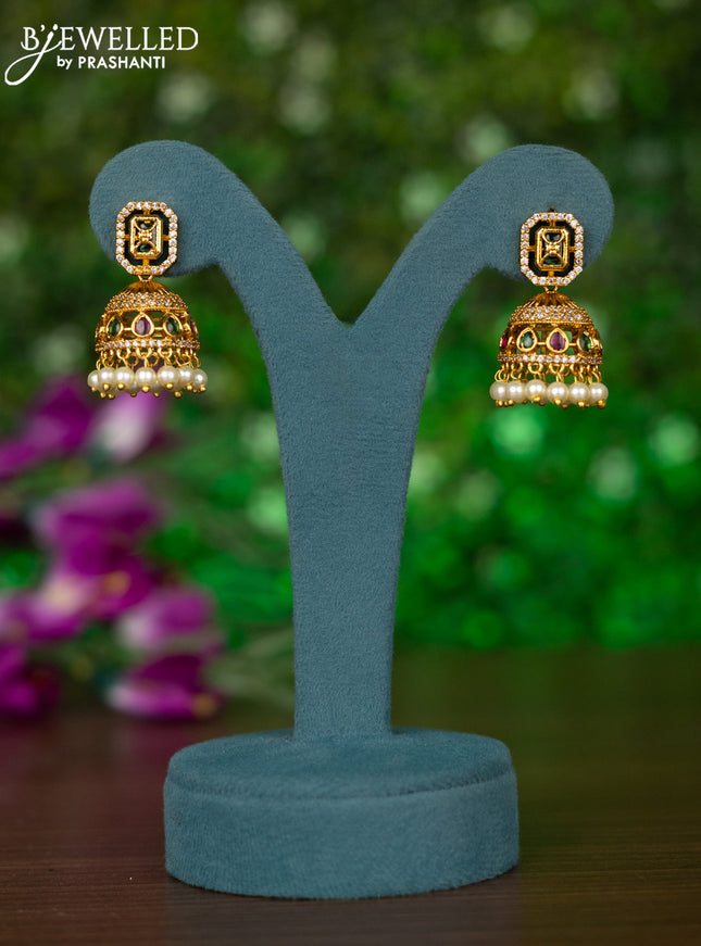 Antique jhumkas with kemp & cz stones and pearl hangings