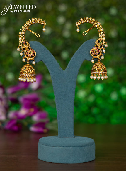 Antique earcuff jhumkas peacock design with kemp & cz stones and pearl hangings