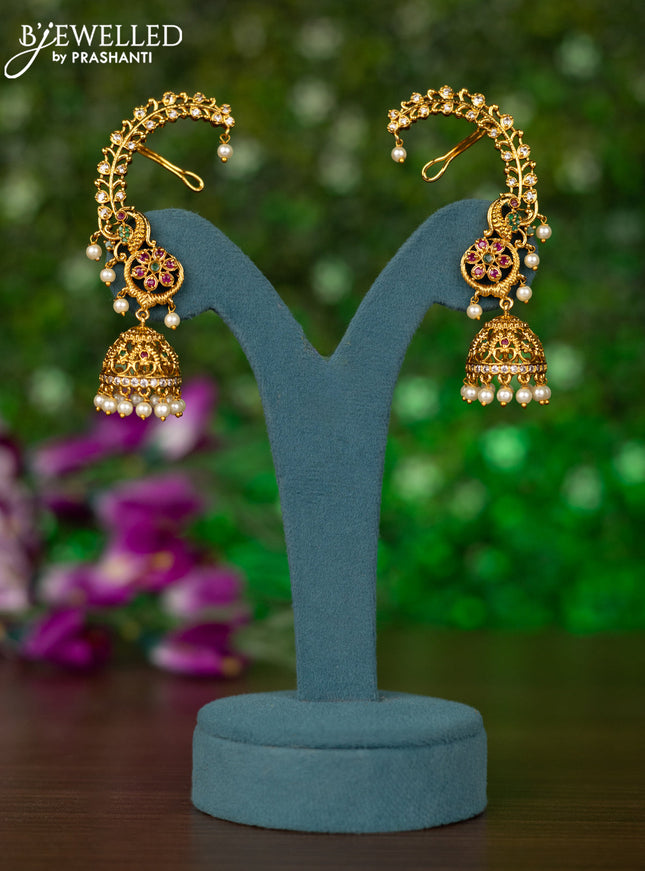 Antique earcuff jhumkas peacock design with kemp & cz stones and pearl hangings