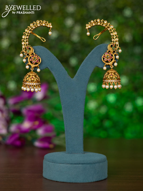 Antique earcuff jhumkas peacock design with kemp & cz stones and pearl hangings
