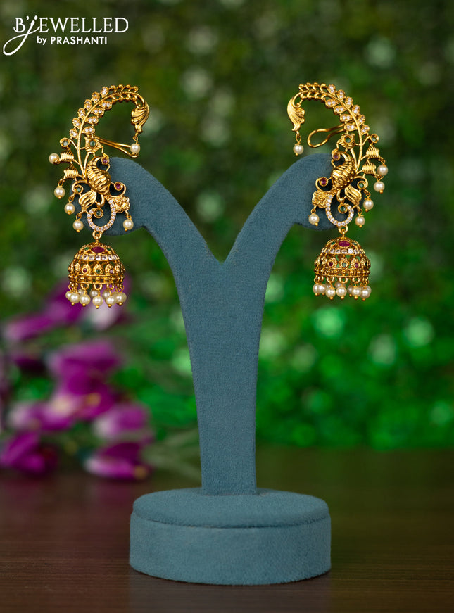 Antique earcuff jhumkas peacock design with kemp & cz stones and pearl hangings
