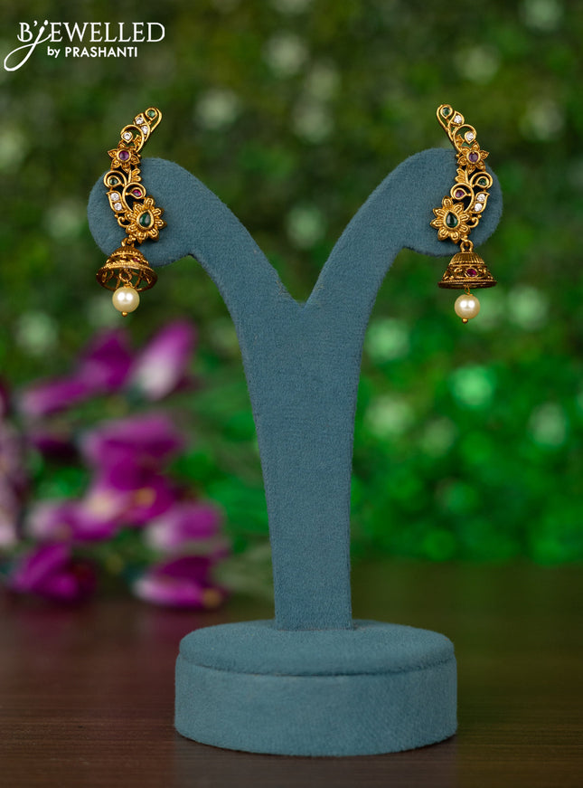 Antique earcuff jhumkas with kemp & cz stones and pearl hanging