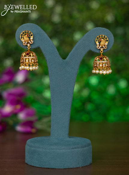 Antique jhumkas peacock design with kemp & cz stones and pearl hangings