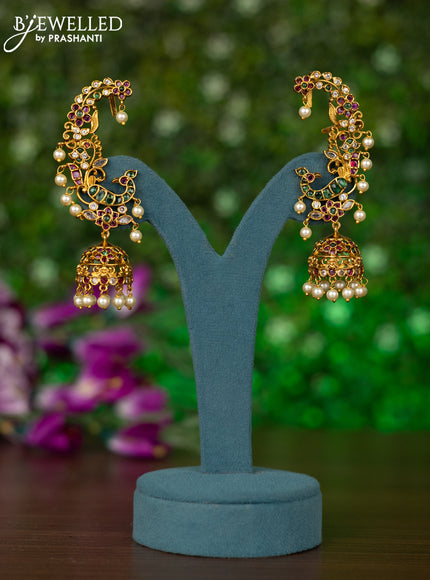 Antique earcuff jhumkas peacock design with kemp & cz stones and pearl hangings