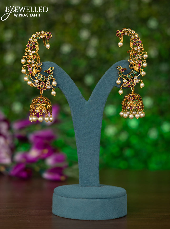 Antique earcuff jhumkas peacock design with kemp & cz stones and pearl hangings