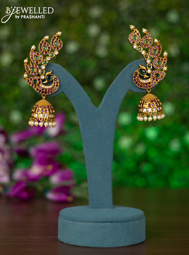 Antique earcuff jhumkas peacock design with kemp & cz stones and pearl hangings