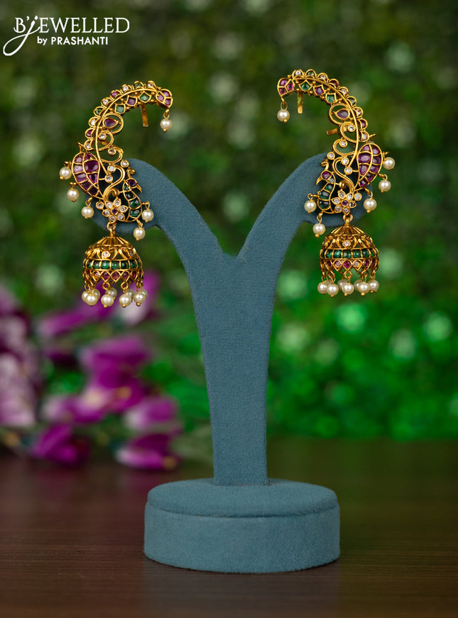 Antique earcuff jhumkas peacock design with kemp & cz stones and pearl hangings