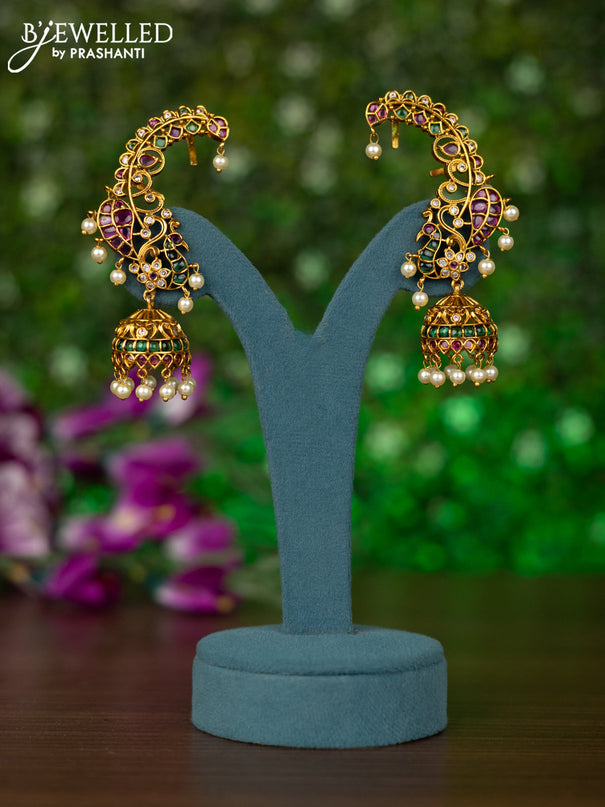 Antique earcuff jhumkas peacock design with kemp & cz stones and pearl hangings