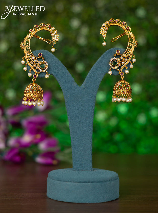 Antique earcuff jhumkas with kemp & cz stones and pearl hangings