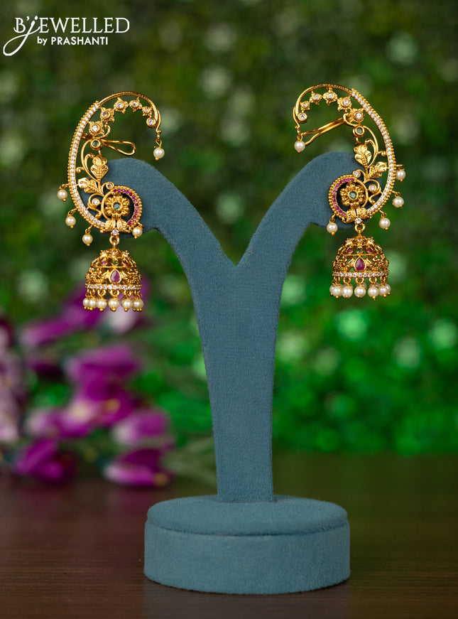 Antique earcuff jhumkas with kemp & cz stones and pearl hanging