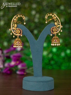 Antique earcuff jhumkas with kemp & cz stones and pearl hanging
