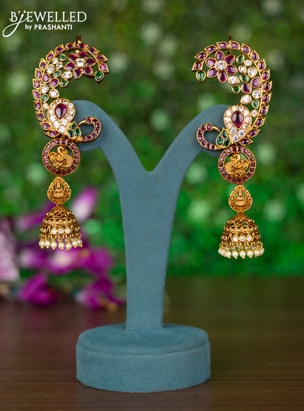 Antique earcuff jhumkas peacock design with kemp & cz stones and pearl hangings