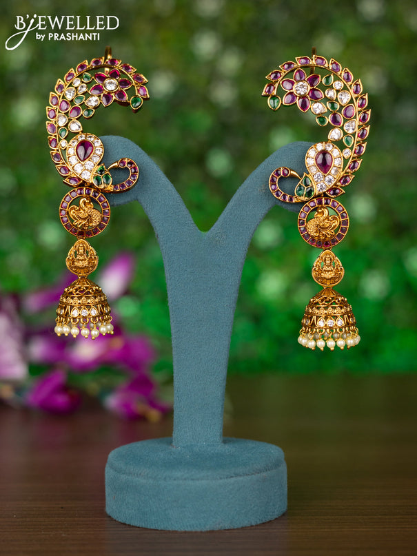Antique earcuff jhumkas peacock design with kemp & cz stones and pearl hangings