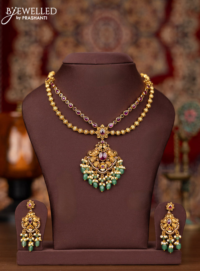 Antique double layer necklace with kemp & cz stones and pearl & green beads hangings