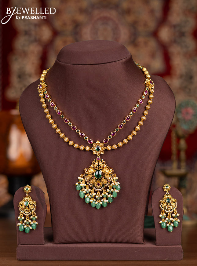 Antique double layer necklace with kemp & cz stones and pearl & green beads hangings