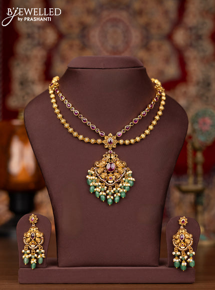 Antique double layer necklace with kemp & cz stones and pearl & green beads hangings