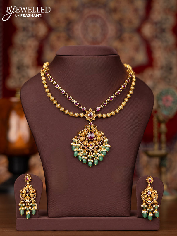 Antique double layer necklace with kemp & cz stones and pearl & green beads hangings