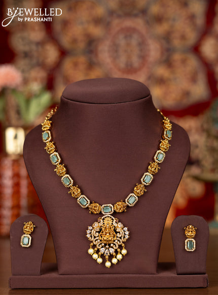 Antique necklace lakshmi design with mint green & cz stones and pearl hangings