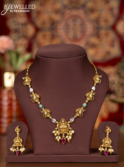 Antique necklace lakshmi & peacock design with kemp & cz stones and pearl & golden beads hangings