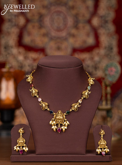 Antique necklace lakshmi & peacock design with multicolour stones and pearl & golden beads hangings