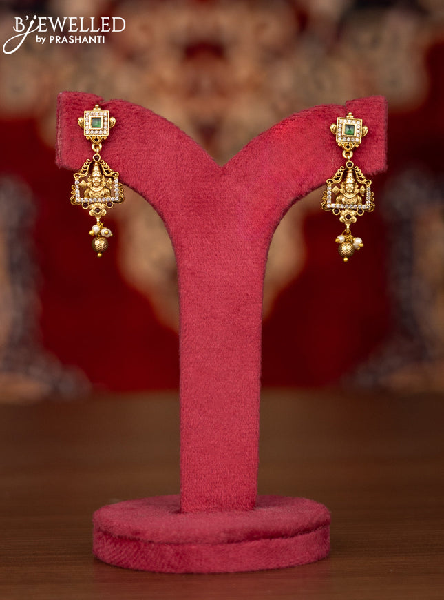 Antique necklace tirupati balaji design with emerald & cz stones and pearl & golden beads hangings
