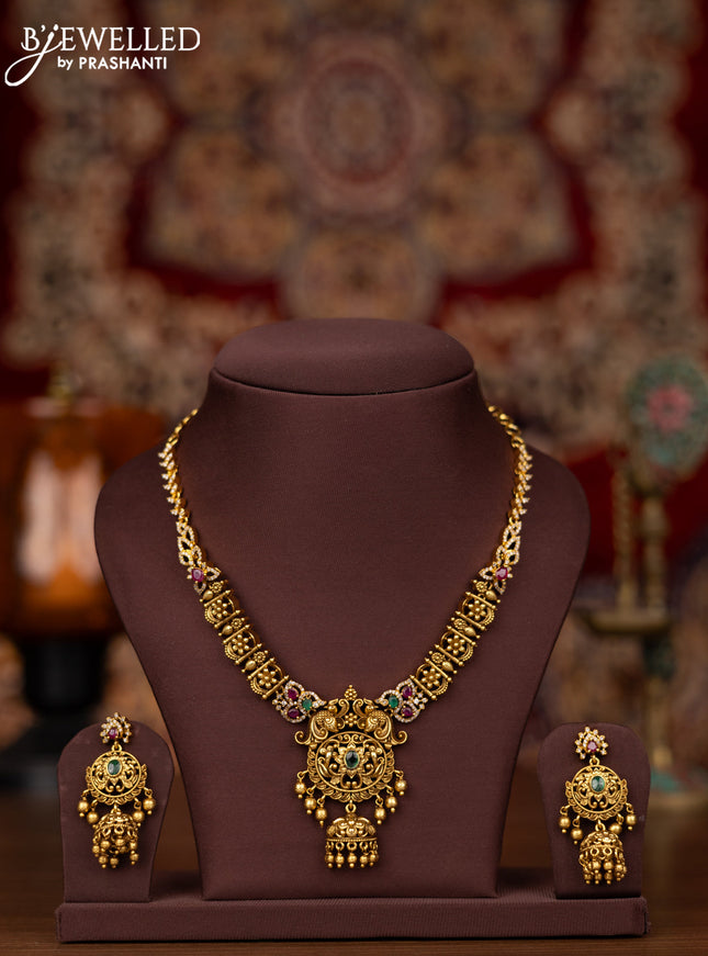 Antique necklace with kemp & cz stones and golden beads hangings