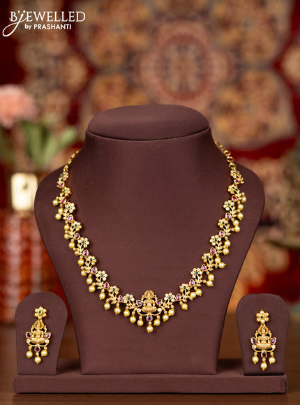Antique necklace lakshmi design with kemp & cz stones and pearl hangings