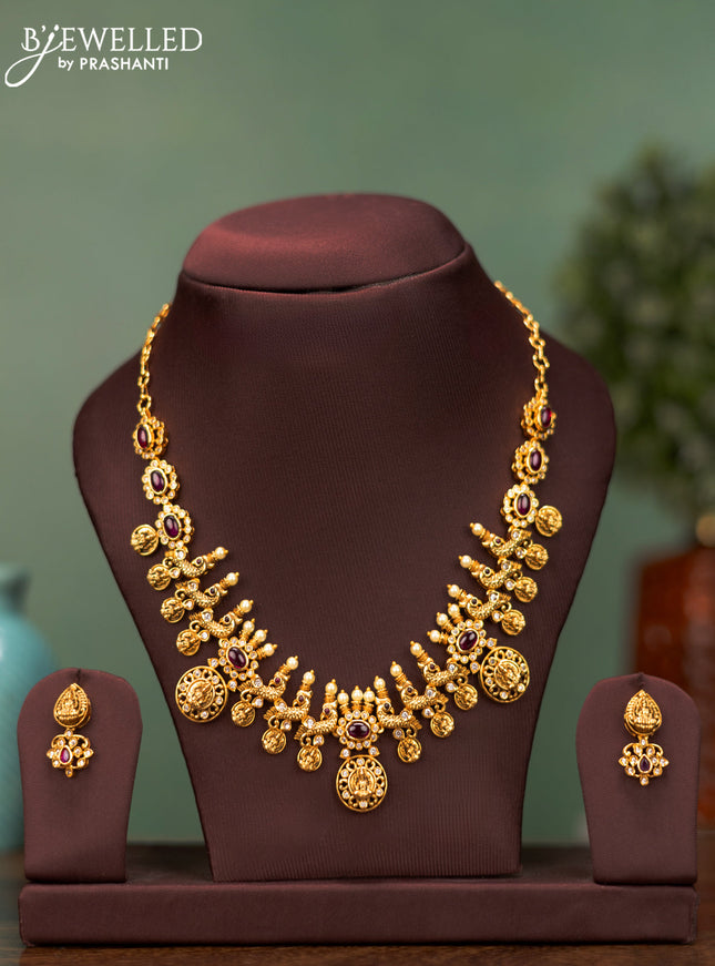 Antique necklace lakshmi design with ruby & cz stones and pearls