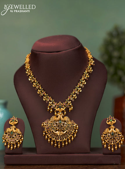 Antique necklace peacock design with kemp & cz stones and golden beads hangings