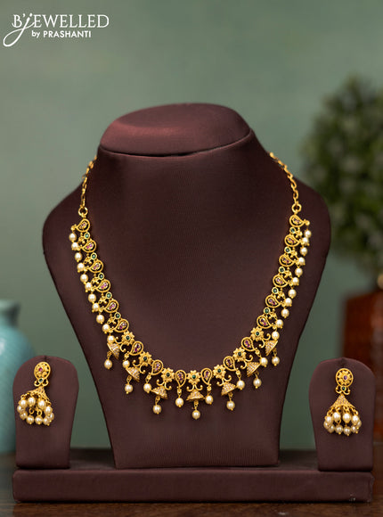 Antique necklace manga design with kemp & cz stones and pearl hangings