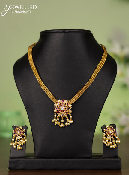 Attigai necklace lotus pendant with ruby & kundan stones and pearl hangings
