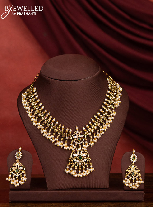 Antique guttapusalu necklace double peacock design with kemp & cz stone and pearl hangings