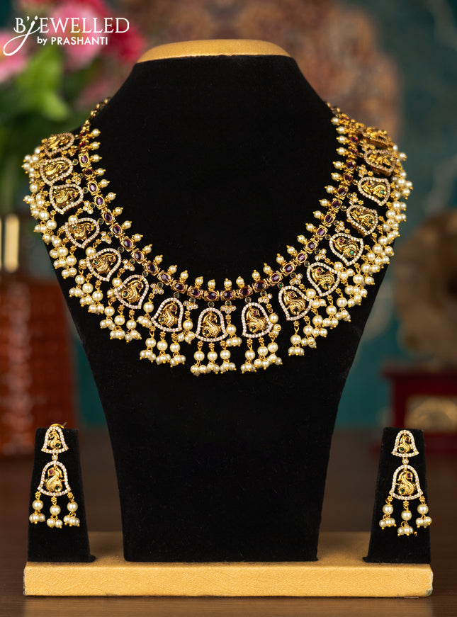 Antique guttapusalu necklace peacock design with kemp & cz stone and pearl hangings
