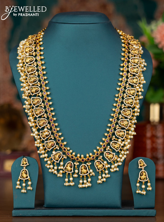 Antique guttapusalu haram peacock design with kemp & cz stone and pearl hangings
