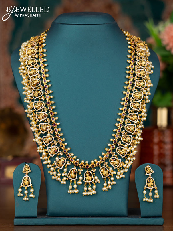 Antique guttapusalu haram peacock design with kemp & cz stone and pearl hangings