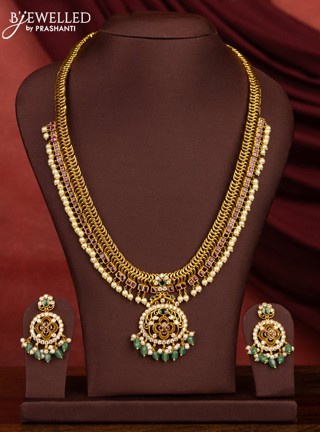 Antique guttapusalu haram floral design with kemp & cz stone and pearl and beads hanging