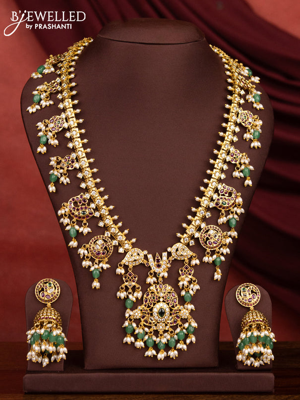 Antique guttapusalu haaram with kemp & cz stone and pearl and beads hangings