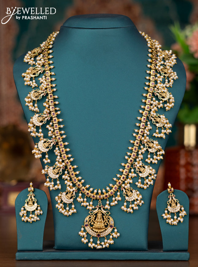 Antique guttapusalu haram lakshmi & peacock design with kemp and cz stone and pearl hangings