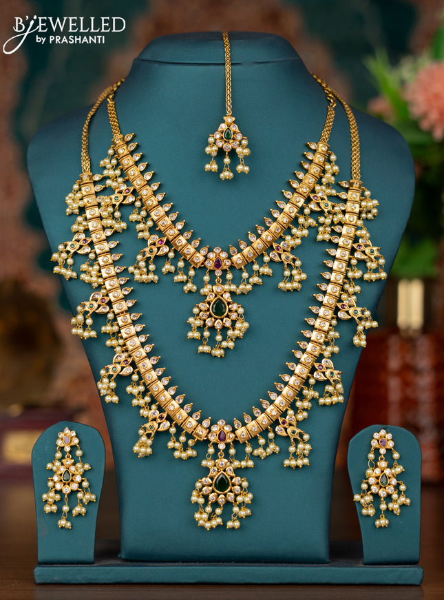 Antique guttapusalu combo set with kemp & cz stone and pearl hangings with maang tikka