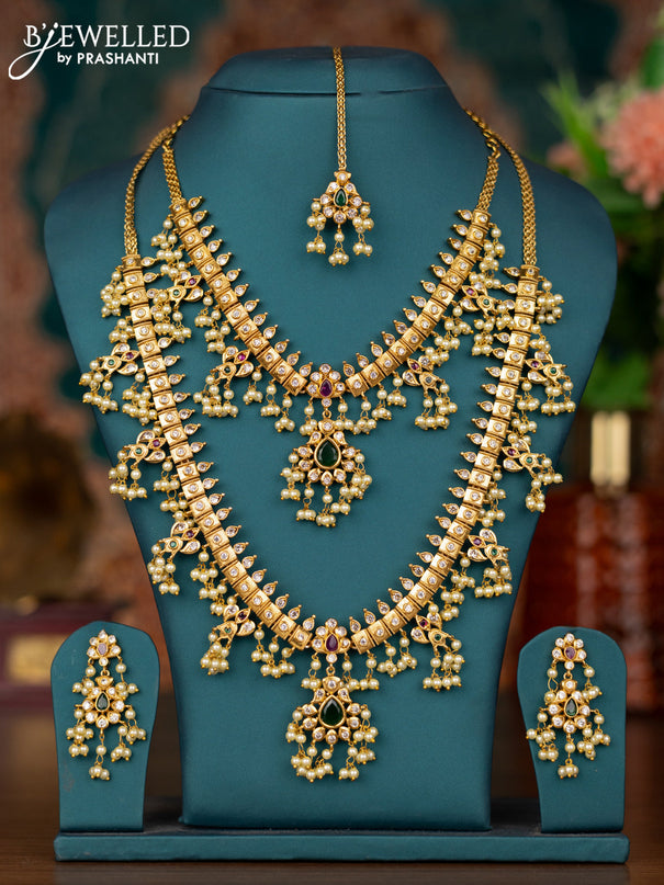 Antique guttapusalu combo set with kemp & cz stone and pearl hangings with maang tikka
